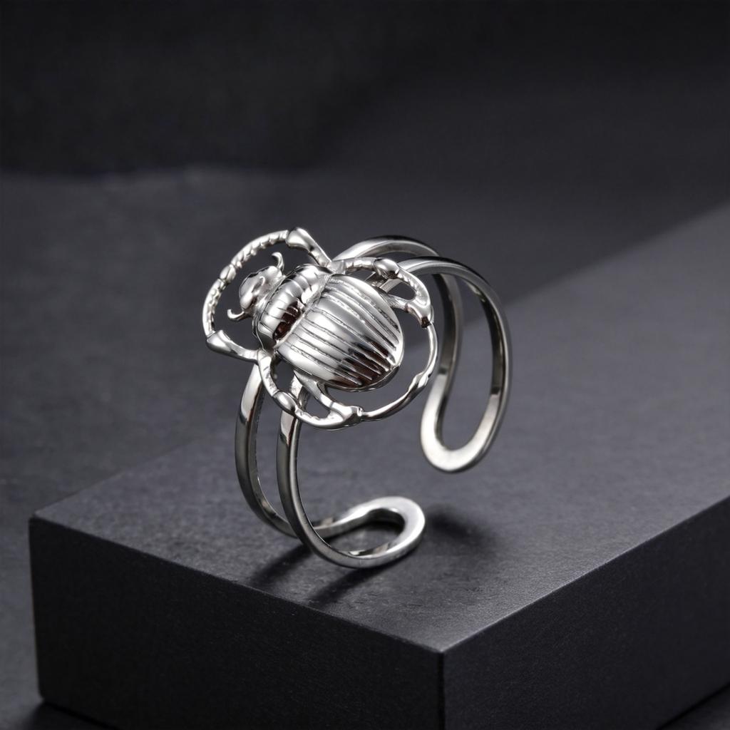 Kreatives Einzigartiges Design Käfer Offener Ring für Herren, Edelstahl Silberfarbe Insektenring, Punk Mode Finger Schmuck Geschenk