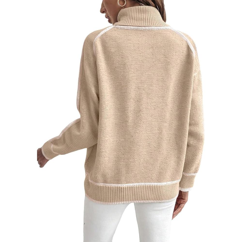 Cozy Fall and Winter Fashion Women's Elegant Knitted Thick Warm Hoodie Color Blocked Half High Collar Versatile Striped Sweater Jumper