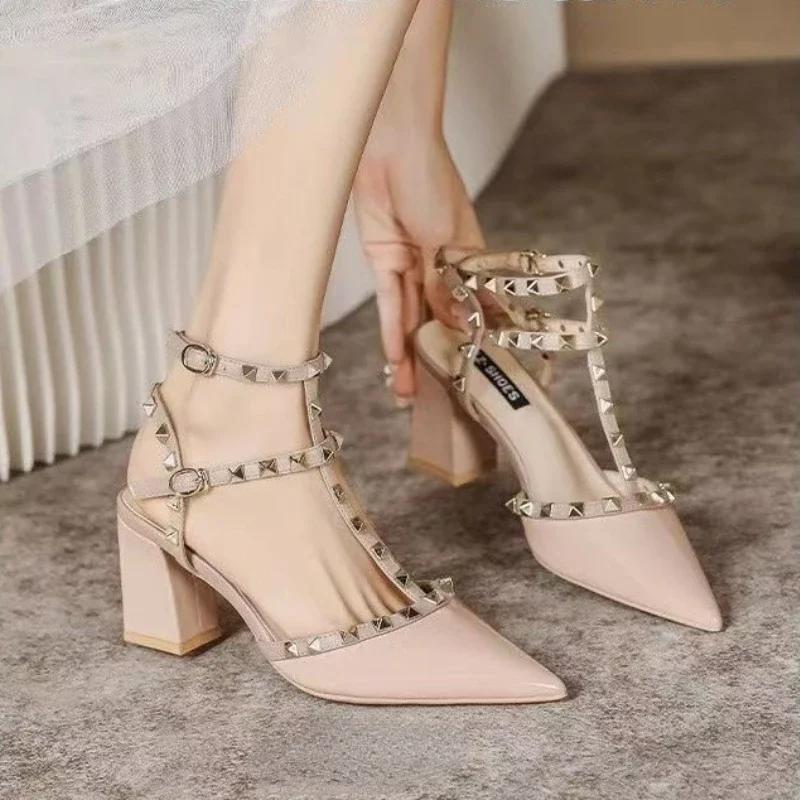 

Fashion Women s High Heels Fashion Slingbacks Buckle Female Sandals Roman Pointed Rivets Party Shoes Sexy Women Shoes sandalias de mujer 42 абрикосовый