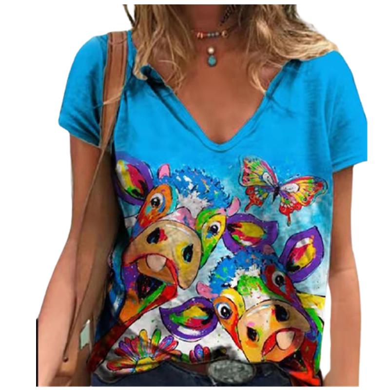 Casual Summer Women 2025 New Short Sleeve V-Neck Loose Oversized Tops Streetwear Floral Printed