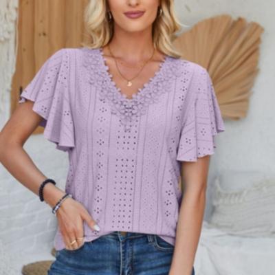 Damen Frühling Sommer Spitze V-Ausschnitt Rüschenärmel Einfarbig Lose T-Shirt