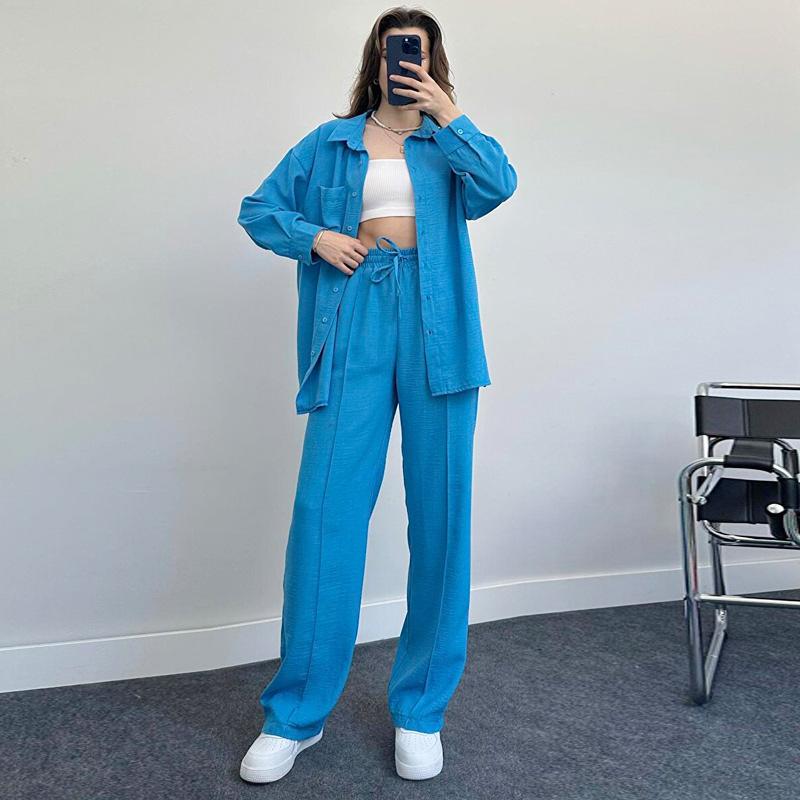 Women Loose Long Sleeve Shirt Long Pants Two Piece Casual Set S синий