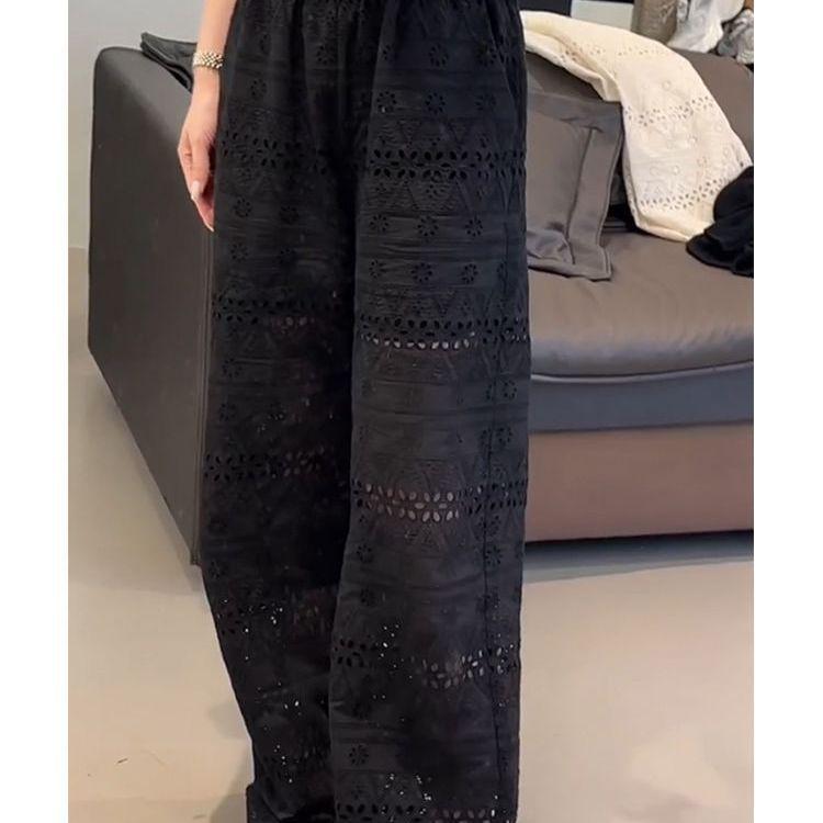Plus-Size High Waist Lace Hollow Wide-Leg Summer Pants S