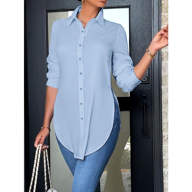 Women'S Slim Fit Long Sleeve Button-Up Shirt with Side Slit  Stylish Tailoring Durable Construction, Stylish Blouse, Fashion Lovers
