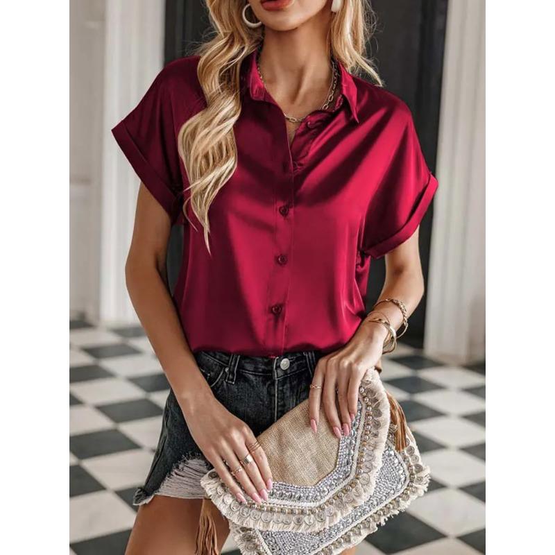 Camisa de mujer de primavera y otoño, blusa de manga corta de satén de Color sólido, camisa con hombros descubiertos