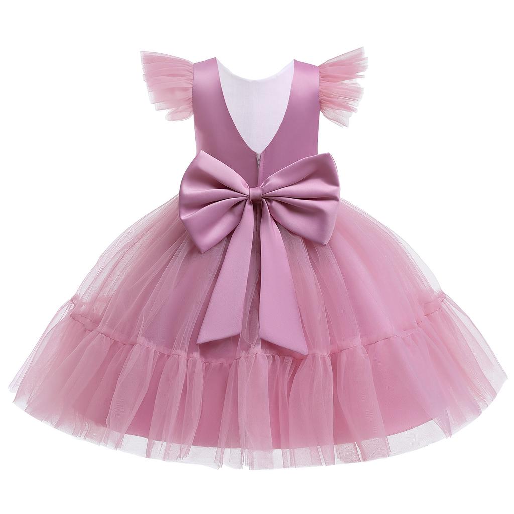 Girl Princess Tutu Ball Dress Flying Sleeves Bareback Bow Mesh Children's Party Wedding Formal Dress