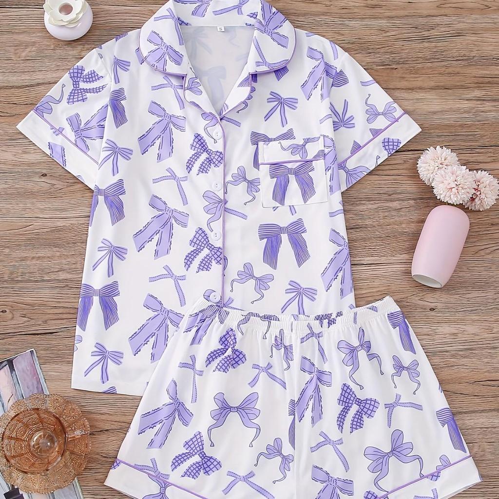 European and American Women's Bow Print Lapel Short Sleeve Pajama Set