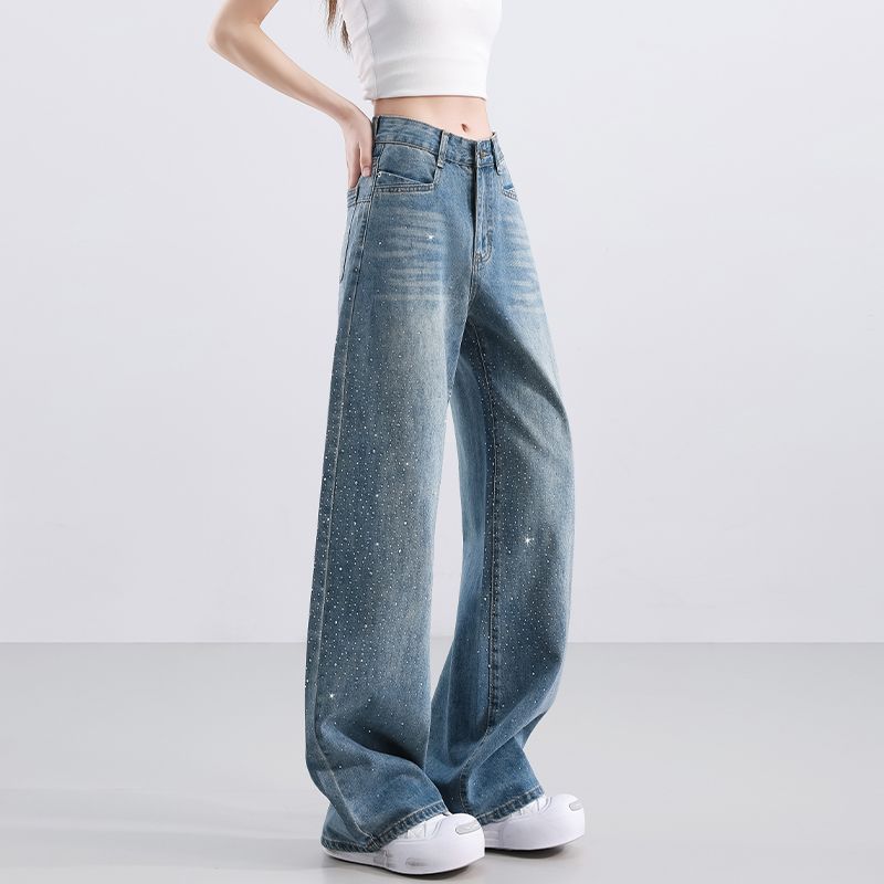 Spring Summer Full Star Bling Rhinestone Trendy Relaxed Drape Floor Wide Leg Denim Pants For Women Casual Pants Oversize Denim Trousers