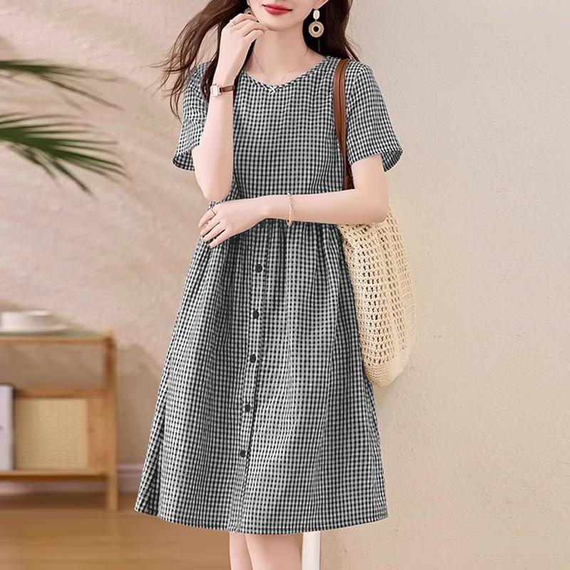 ZANZEA Rochie casual pentru femei, cu gât rotund, mânecă scurtă, imprimeu carouri