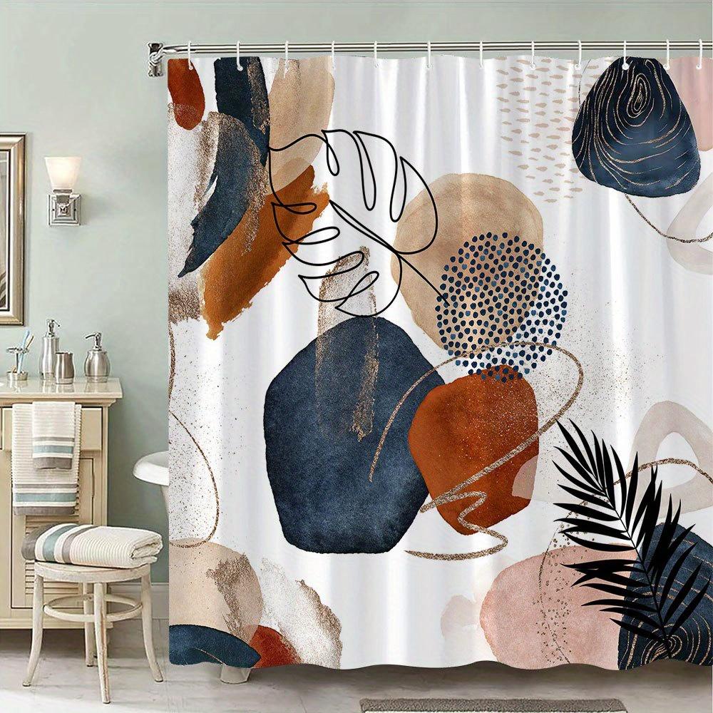 

Abstract Art Shower Curtain With Geometric Shapes And Tropical Leaves, Modern Boho Design For Stylish Bathroom Decor W60H190(CM)-1 Pcs