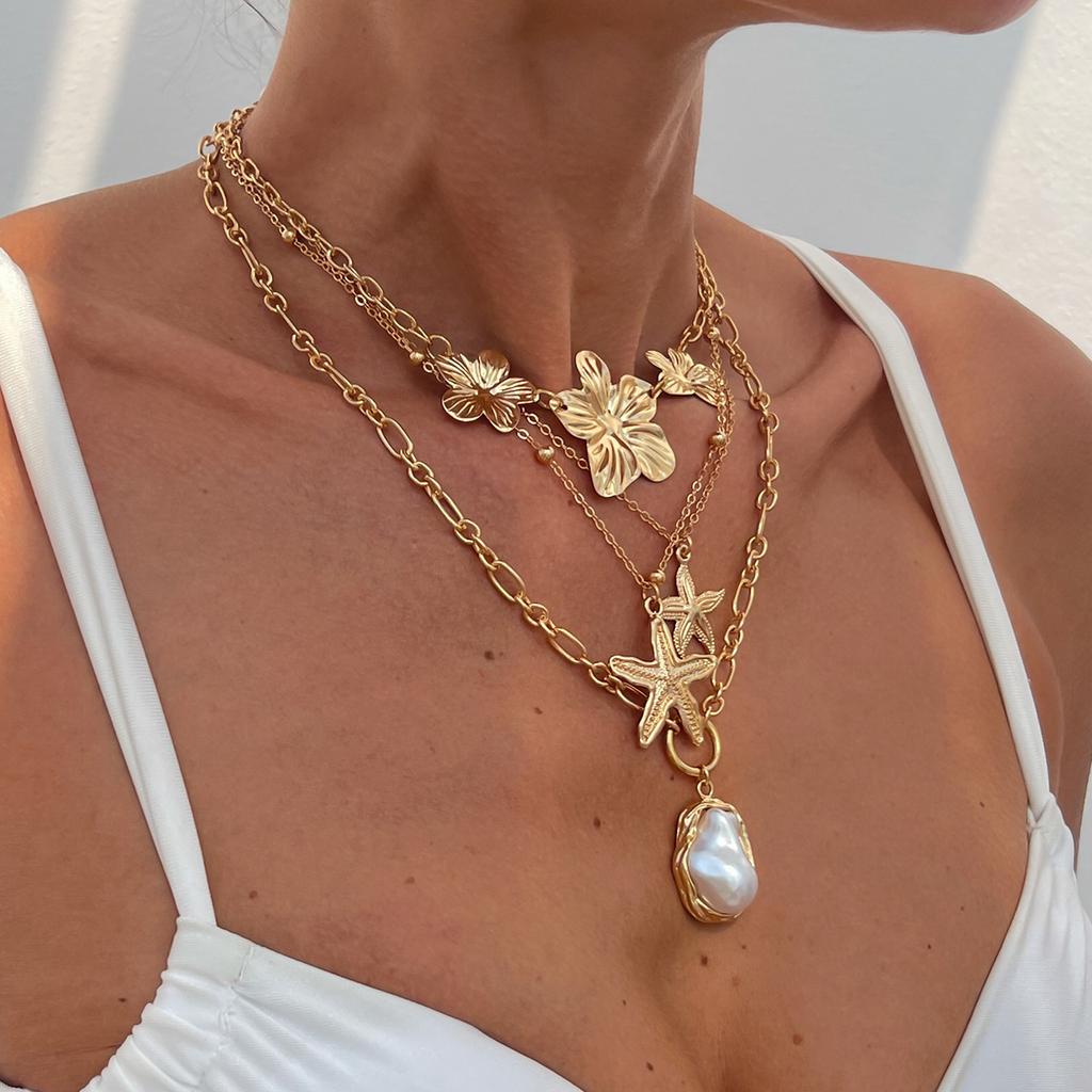 Starfish Pearl Necklace Set Conch Scallop Flat Snake Chain Necklace Set