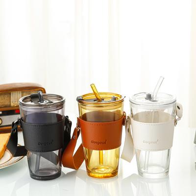 Straw Water Cup Glass Simple Casual Coffee Cup with Lid and Color Bamboo Cup Portable Straight Drinking Straw Glass