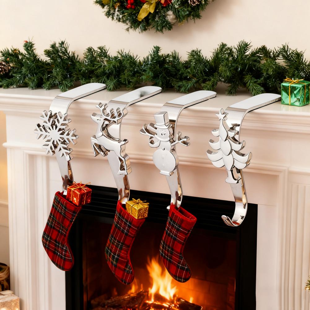 Christmas Mantel Hook Snowman Stocking Hangers Metal Christmas Stocking Holder Hook for Mantel Fireplace Snowflake Reindeer Tree