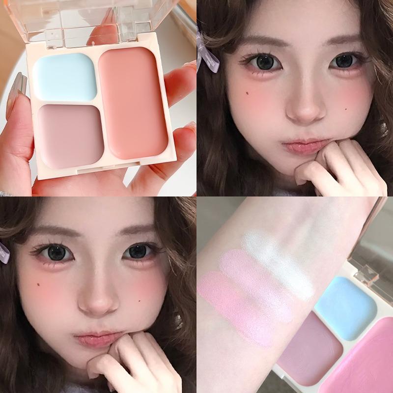 Three Color Blush Palette Matte Highlight Contour Natural Eye Makeup For Korean Style Girls Early Morning Class