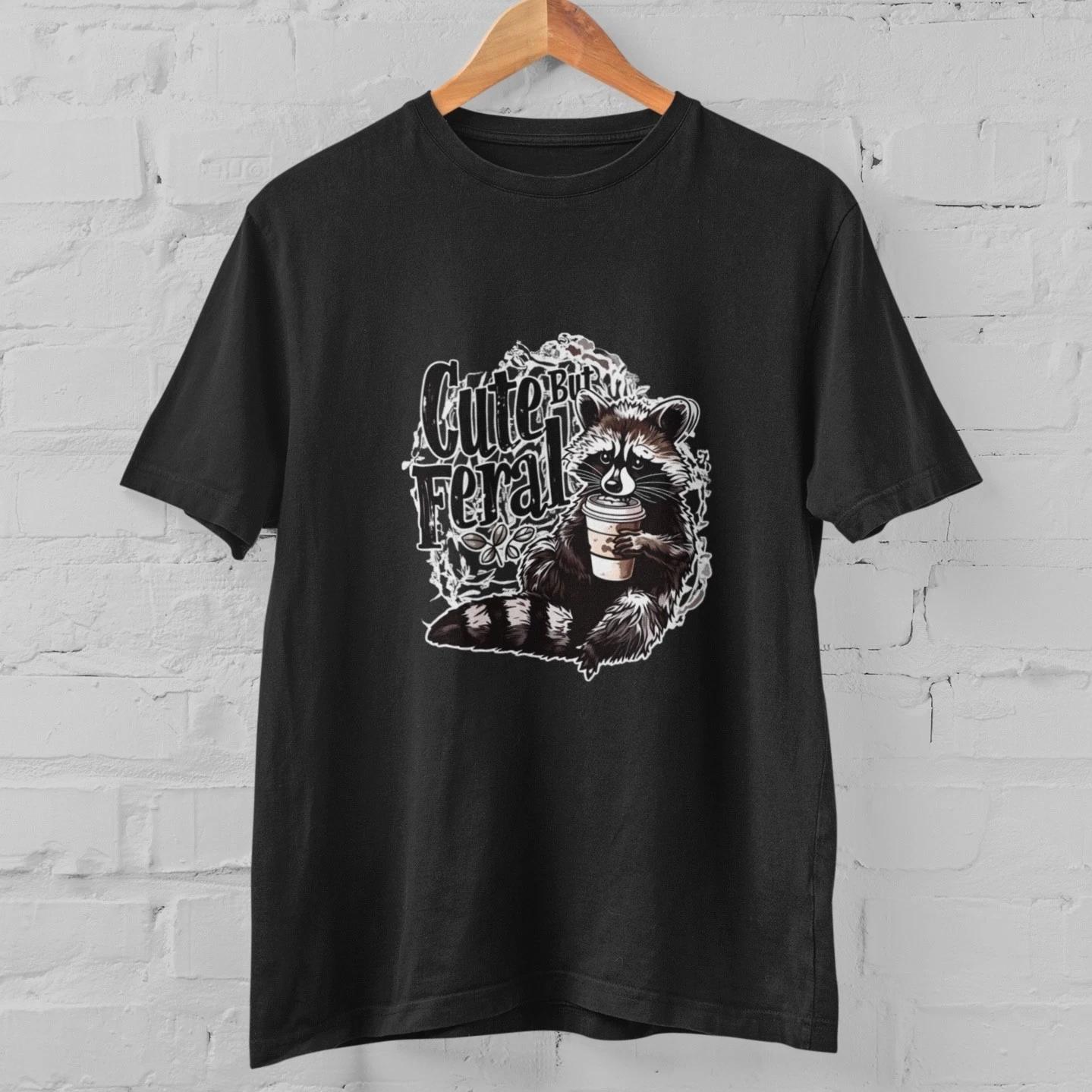 Cute But Feral Raccoon T Shirt Funny Animal Coffee Tee Sarcastic Humor Unisex XL