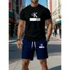 Summer Outfit Men's Casual Sportswear Set Neck Short Sleeve T-Shirt with Drawstring Elastic Waist Shorts