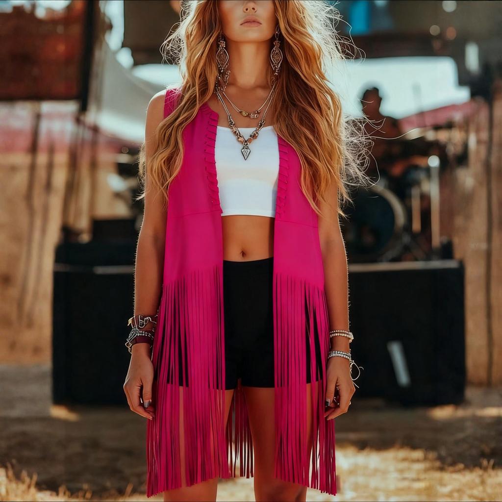 Fashionable Women's Shawl- Fringed Vest, Sleeveless Mid-length Vest.