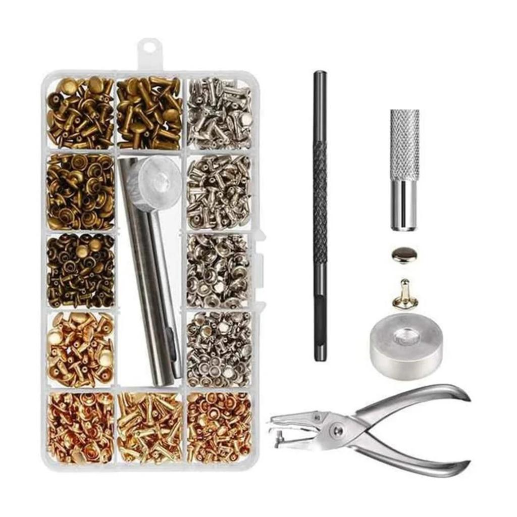 Rivetti per Pelle, 300 Set Rivetti a Cappuccio Doppio 3 Misure 3 Colori e 4 Strumenti di Fissaggio Fai da Te Artigianato in Pelle Vestiti Borse
