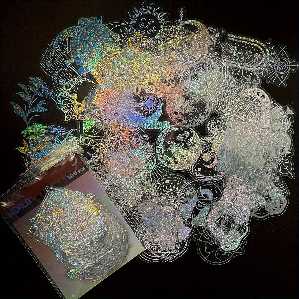 100pcs Laser Stickers Magic World PET Sticker Pack DIY Collage for Hand Account Decoration Scrapbook Labe