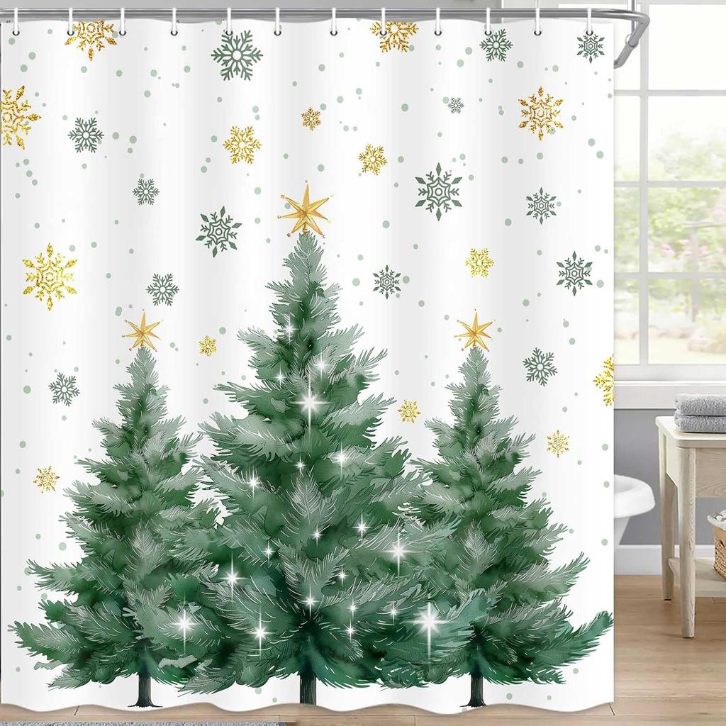 Christmas Tree Shower Curtain Green Trees Snowflake Decorative Bath Curtain Xmas Holiday Waterproof Fabric Bathroom Curtain Se