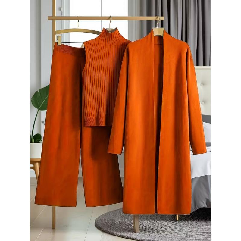 Womens Oversized Knit Set: Open Front Cardigan Turtleneck Top Wide Leg Pants Casual Chic Outfit 2025