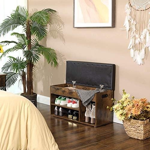 Ławka Na Buty Z Poduszką, Ławka Ze Schowkiem Z Wyściełanym Siedziskiem, 3 Przegródki, Ukryte Schowki, Półki, Salon, Salon, Przed