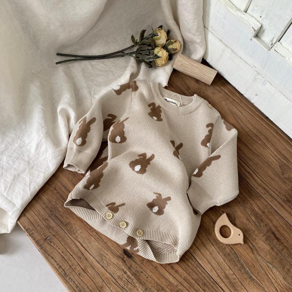 Baby Bunny Sweater Romper Set with Wool Pom-Pom Hat - Unisex, Long Sleeve