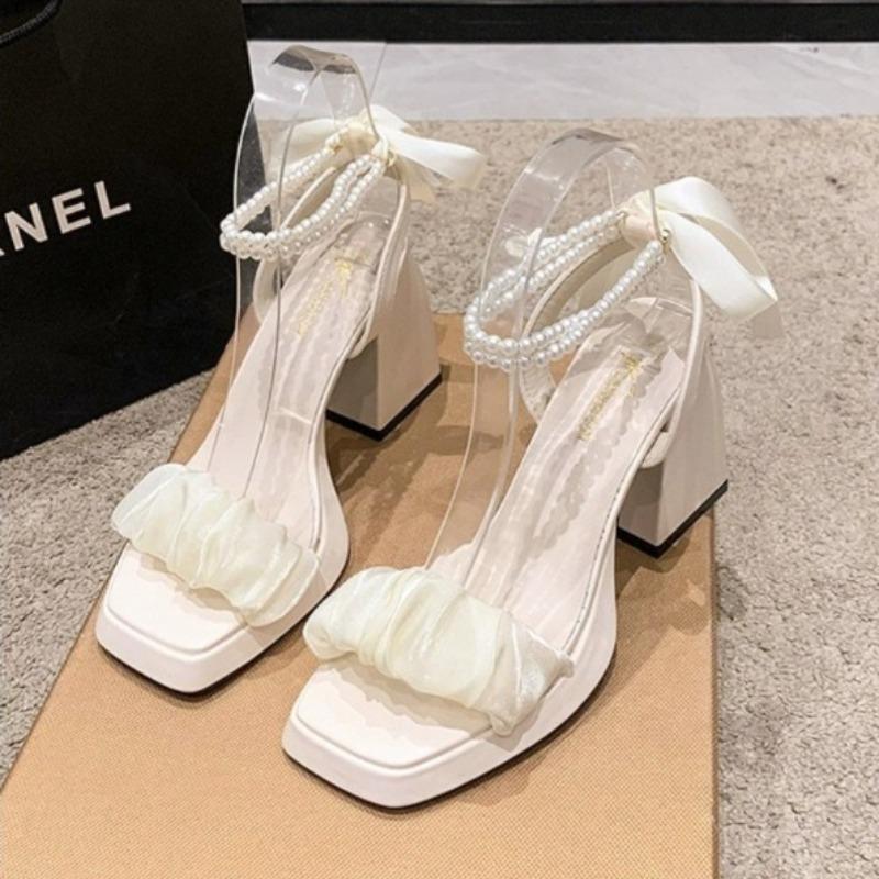 Fashion Mesh Heeled Sandals for Women's Summer New Crystal French Fairy Style Shoes Pearl Chain Luxury Shoes for Women Zapatos De Mujer