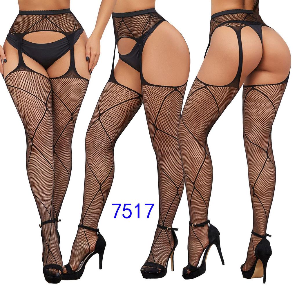 Women's Sexy Crotchless Fishnet Suspender Stockings with Eye Jacquard Design - Style 7501