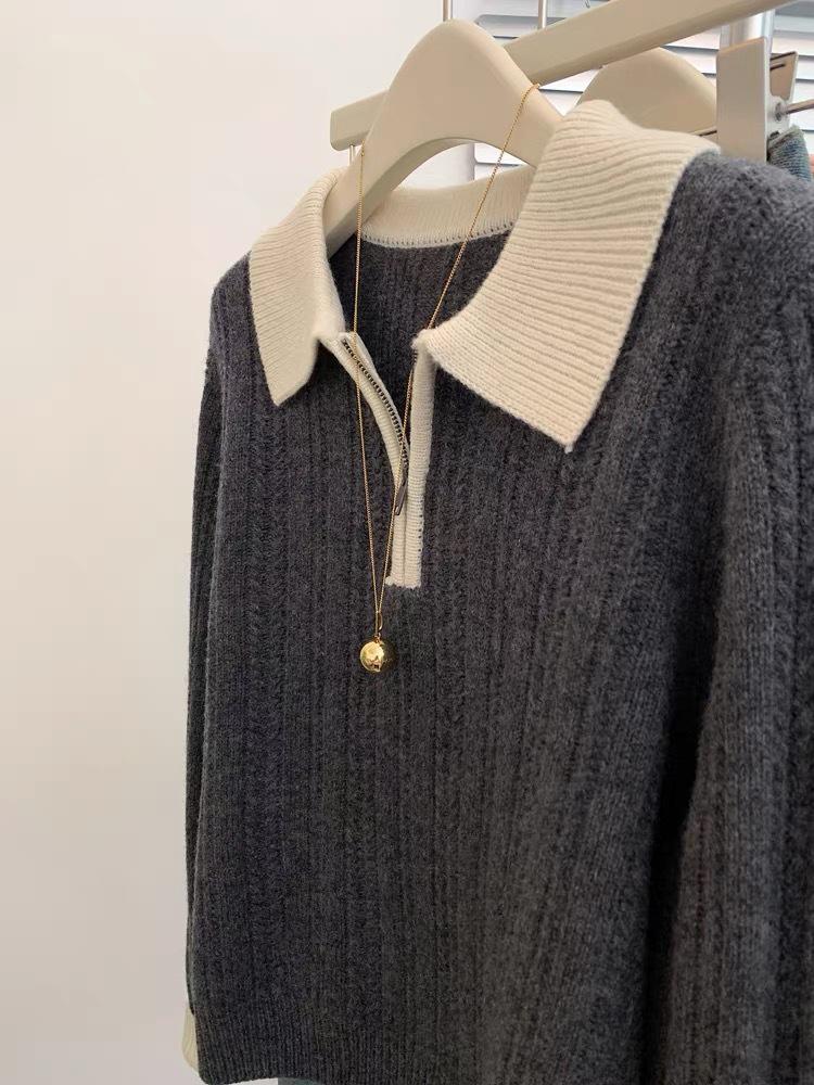 Women's Retro Color Block Polo Neck Sweater - Autumn Winter Slim Fit Knit Top