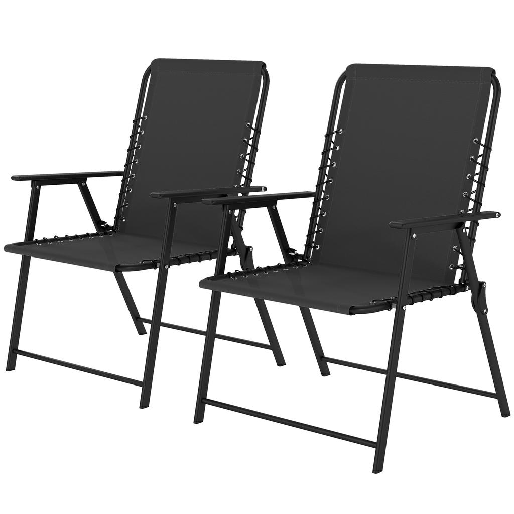 Folding Garden Chairs Set of 2, Outdoor Dining Chairs with Wide Texteline Seat, High Back and Armrests, Black