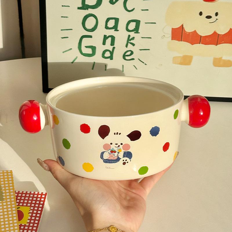 Ins Cream Wind Cute Cartoon Ceramic Binaural Instant Noodle Bowl Snail Powder Bowl Noodle Bowl Soup Bowl with Lid