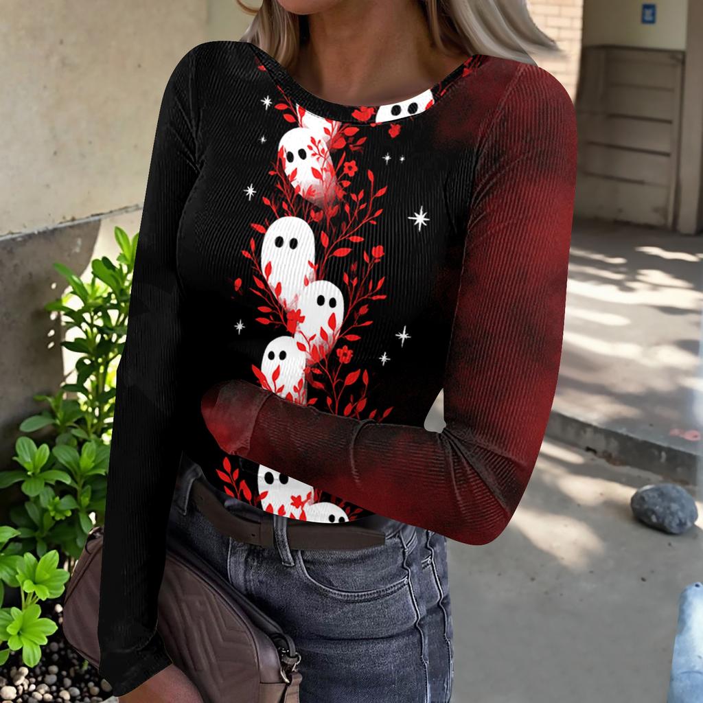 Women's Casual Long Sleeve Ribbed Top Crew Neck Halloween Ghost Print Slim Fit Stretchy Shirt for Everyday Wear