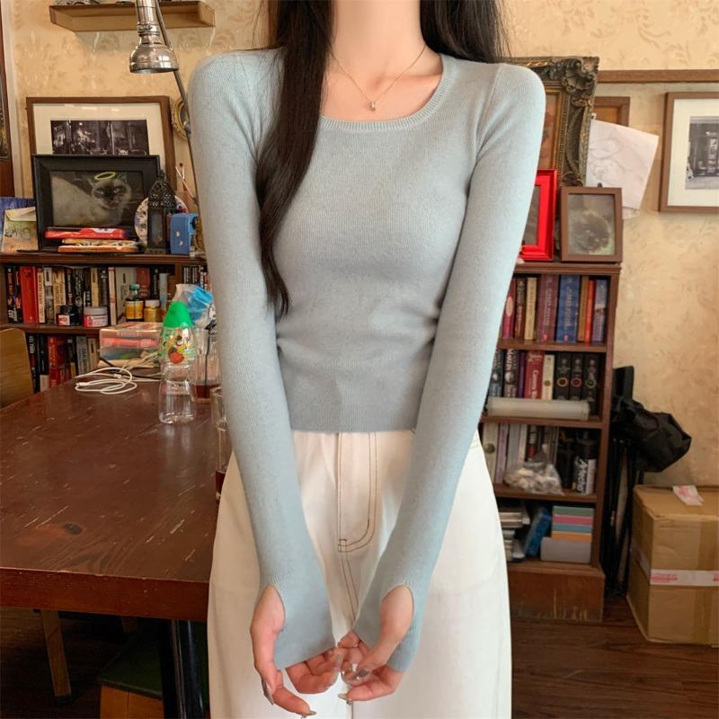 

Square collar shoulder slim-fit bottoming shirt top women s autumn and winter shoulder slim-fit inner sweater fashionable versatile long sleeves L синій