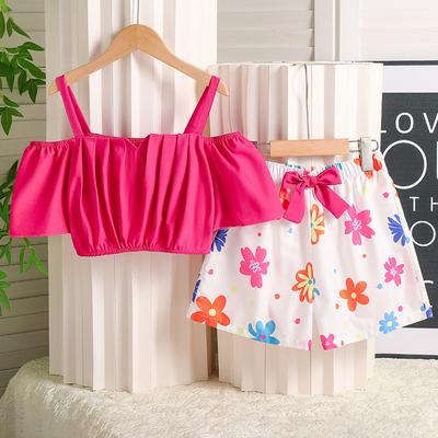Girls Fashion Set Summer Kids Sweet One-line Shoulder Halter Top Bow Shorts Vacation Two-piece Set