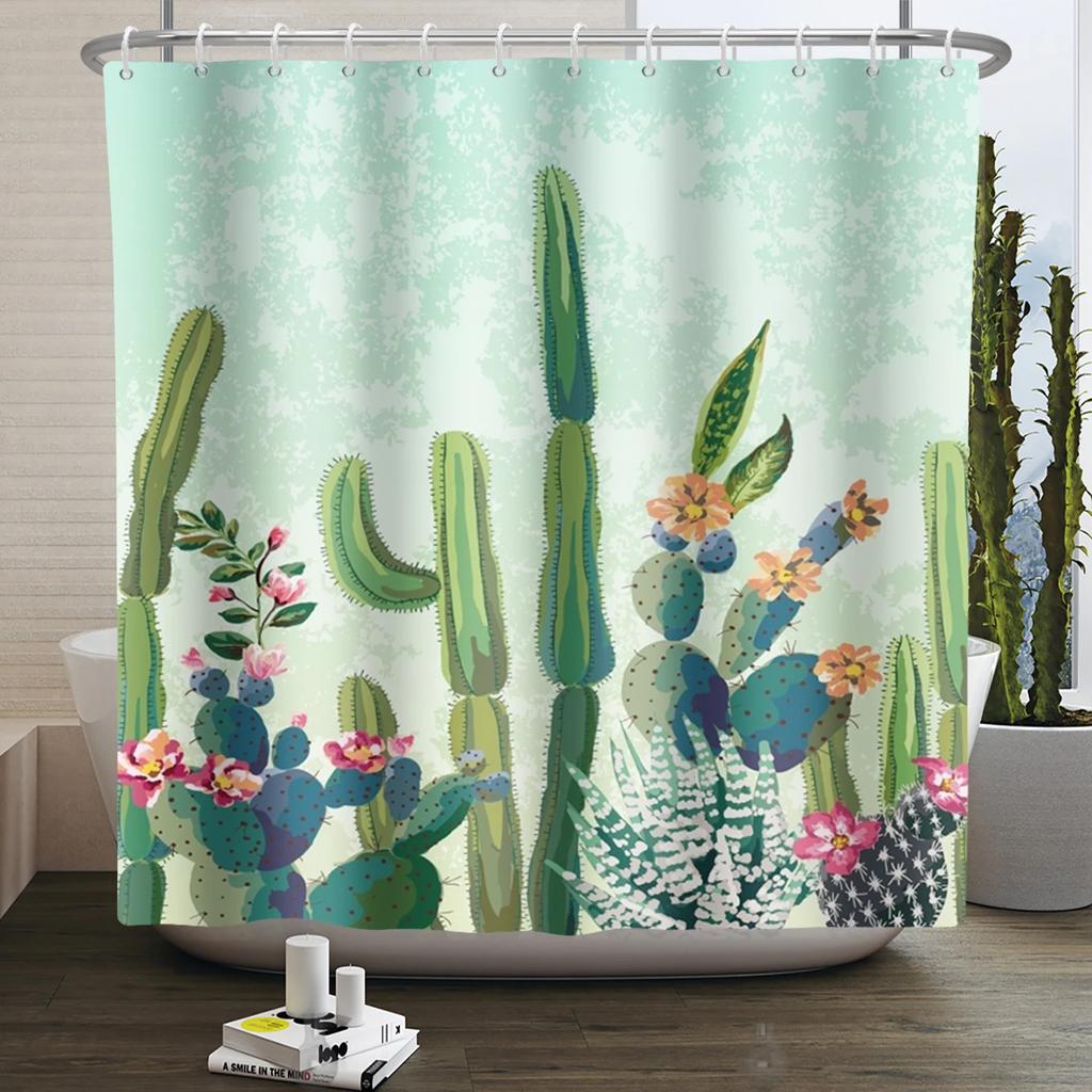 Tropical Cactus Print Shower Curtain Boho Plant Pattern Waterproof Fabric Shower Curtains Modern Bathroom Decor With Hooks