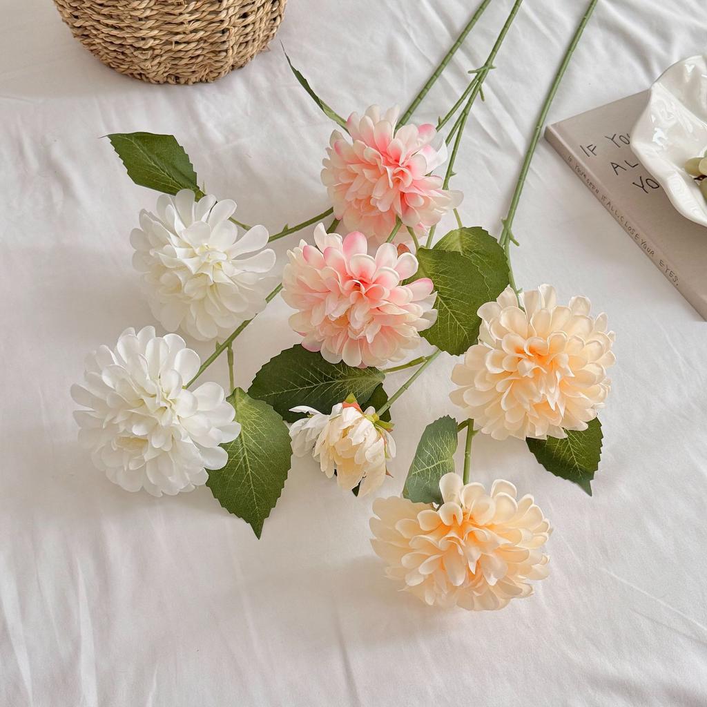 3-Head Dahlia Simulated Flower Silk Flower Fake Flower Dark Fragrant Ball Chrysanthemum Home Decoration Wedding Hall Flower Arrangement