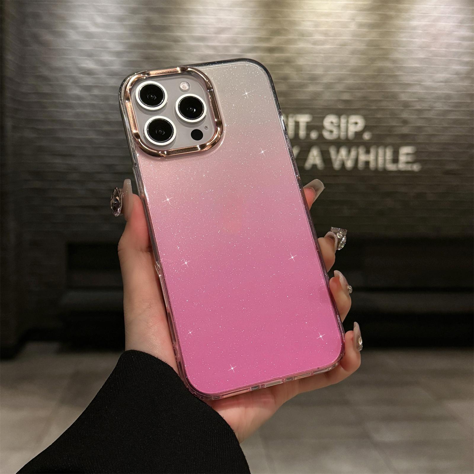 

For iPhone 16 Pro Case IMD Gradient Glitter PC+TPU Protective Phone Cover Pink