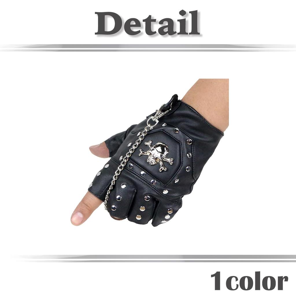 Fingerless Skull Punk NT234 [White Fang] Half-Finger Gloves, Design, Rock, Men's & Women's (Black)
