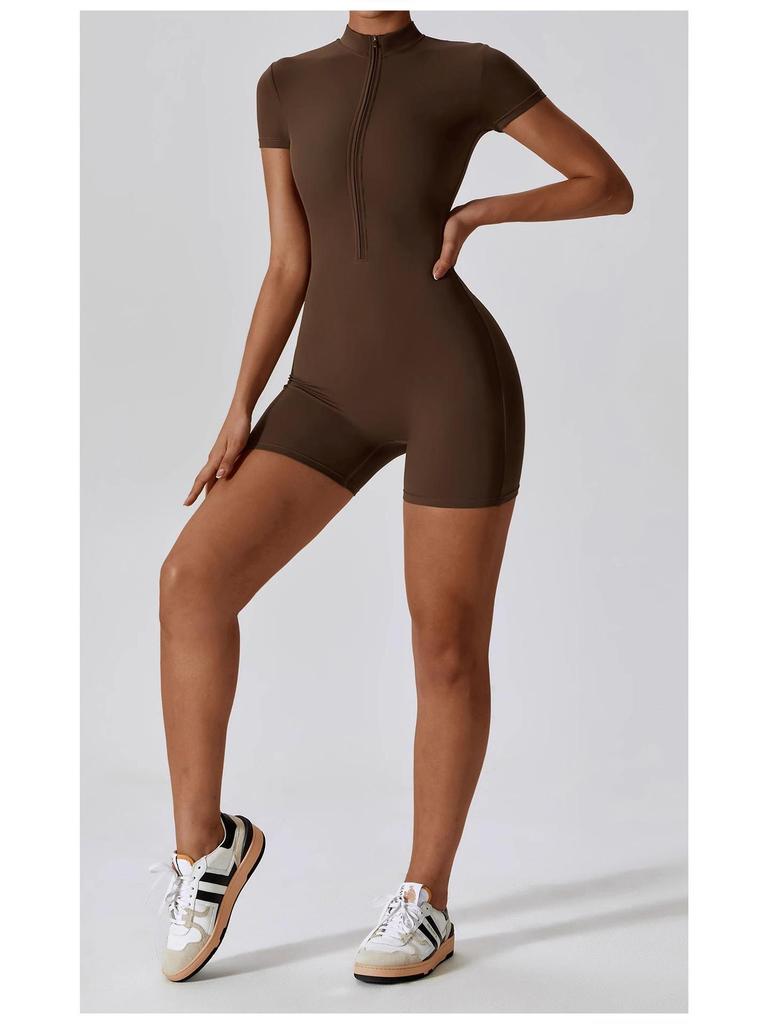 European Best-Selling Short Sleeve Yoga Bodysuit with Zipper for Dance, Running, and Sports