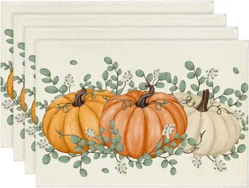 1PC Fall Pumpkin Placemats for Dining Table Autumn Thanksgiving Seasonal Holiday Decoration Rustic Washable Table Mats