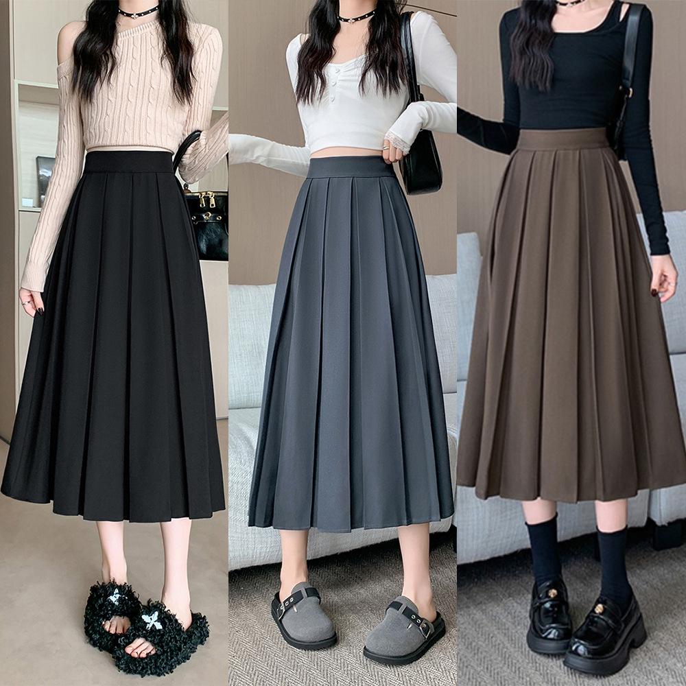Chic Plus Size A-line Pleated Midi Skirt - Age-Reducing, Solid Color, Autumn/Winter Collection