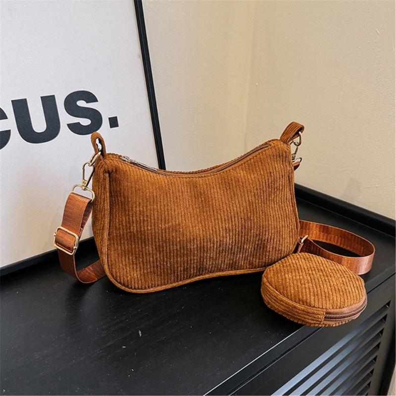 Womens Fashion Solid Color Corduroy Underarm Bag with Coin Purse Pouches Shoulder Crossbody Bag for Shopping Dating Work