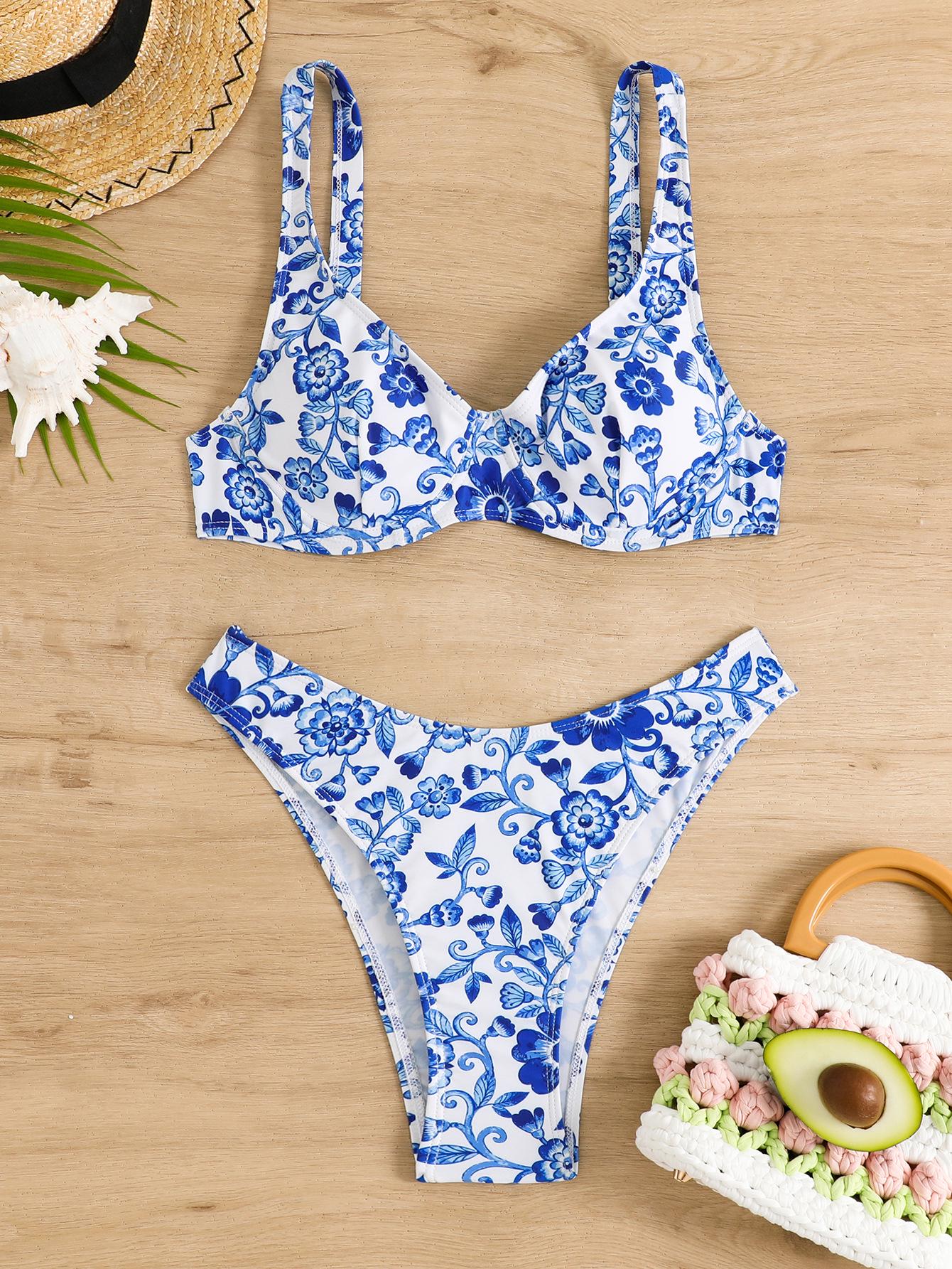 

Цветочный купальник 2024: Европейский и американский стиль, купальник-треугольник с драпировкой Small синий