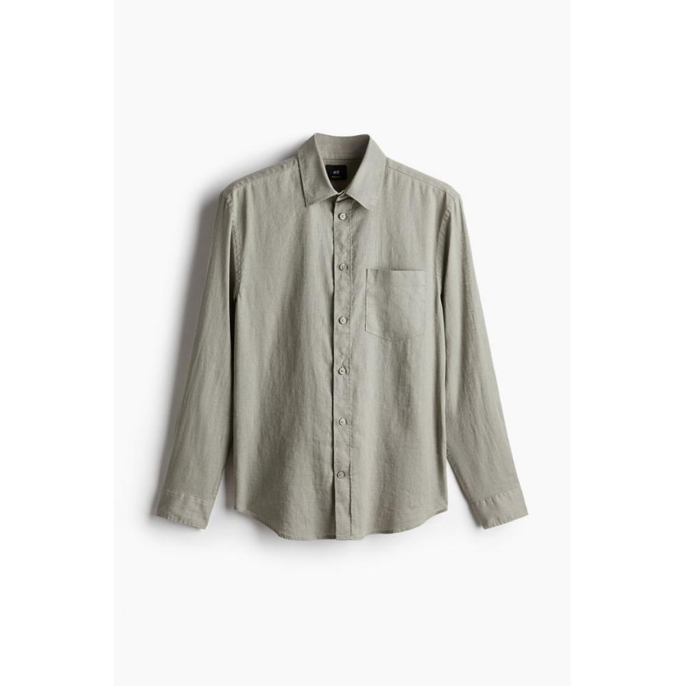 H M Regular Fit Linen Blend sHirt kHaki Green