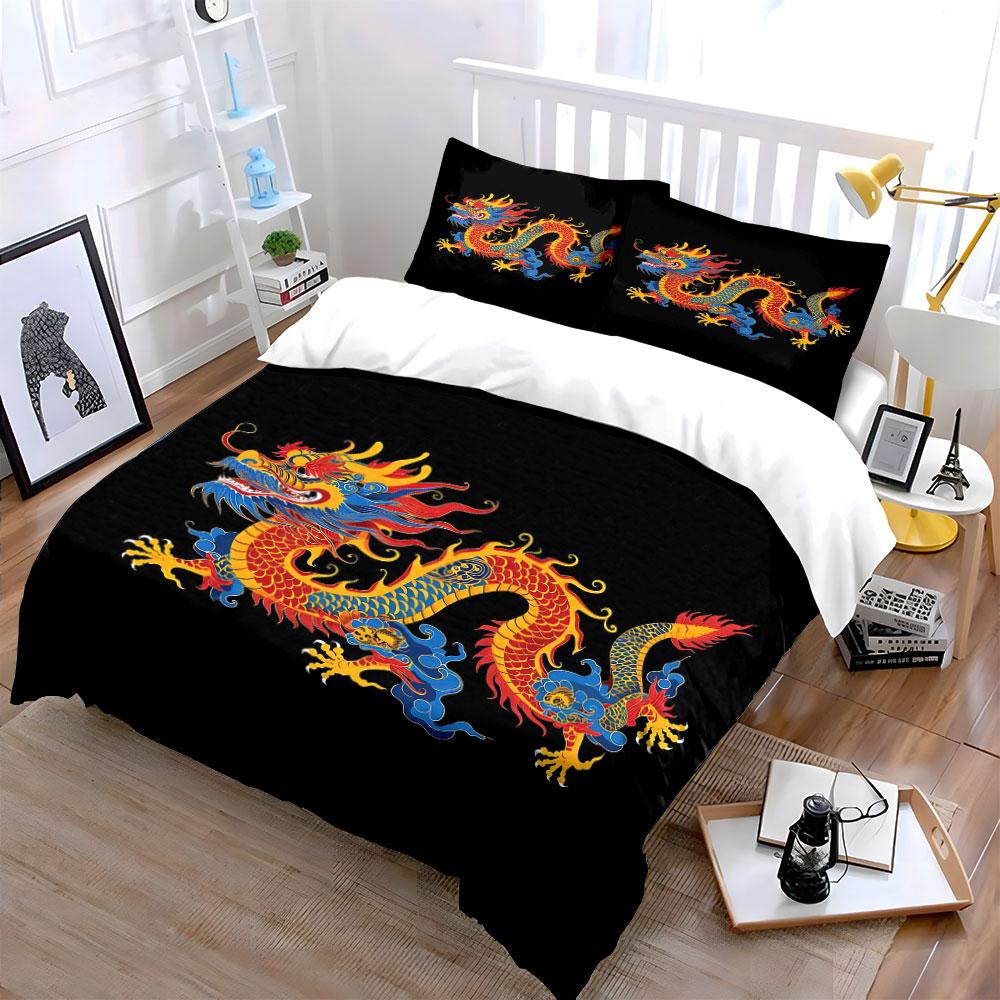 Chinese Dragon Decorative Set Bedding Set With 1 Duvet Cover 2 Pillowcases Single Double King Queen, Gift