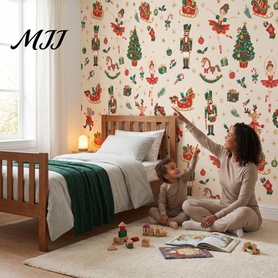 Holiday Party Backdrop Decorations Christmas Nutcracker Self-Adhesive Wall Stickers, Thick PVC Wallpaper with Ballerina, Xmas Tree & Fairy Tale