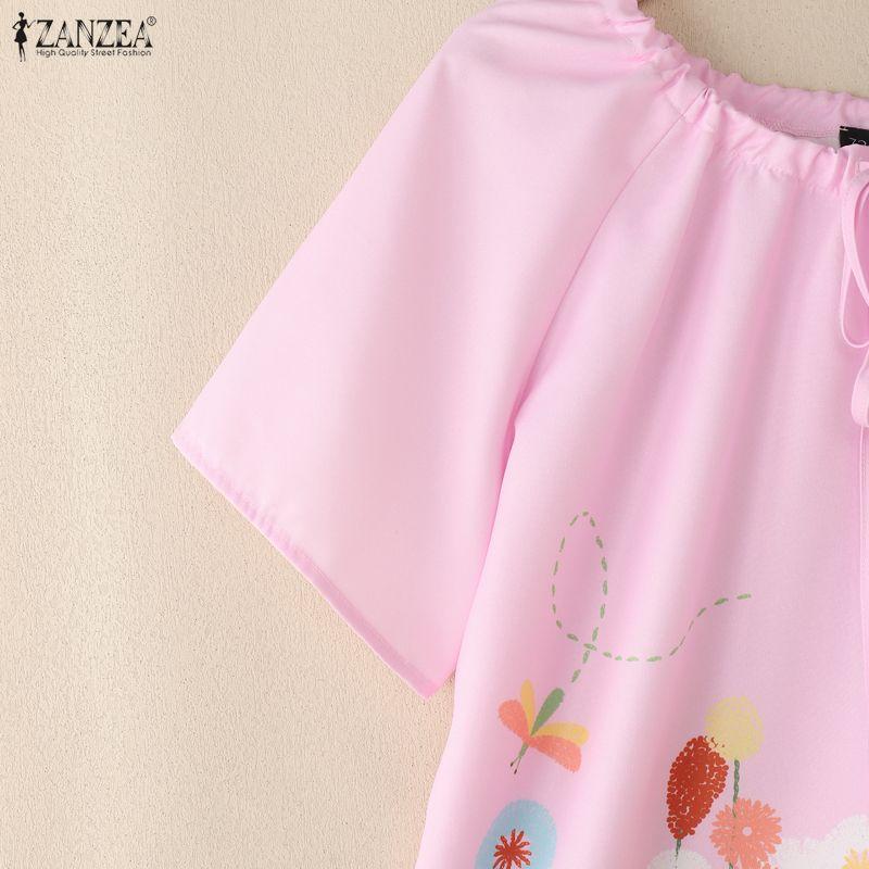 ZANZEA Women Casual Round Neck Floral Print Summer Short Sleeve Blouse