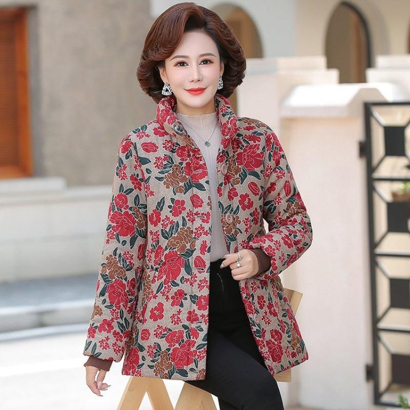 

Осень и зима хлопок и лен принт флис теплый хлопок-набивная одежда средний и пожилой возраст мода воротник-стойка хлопок-набивная куртка цветочный 5XL [Recommended 150-80 kg] красный