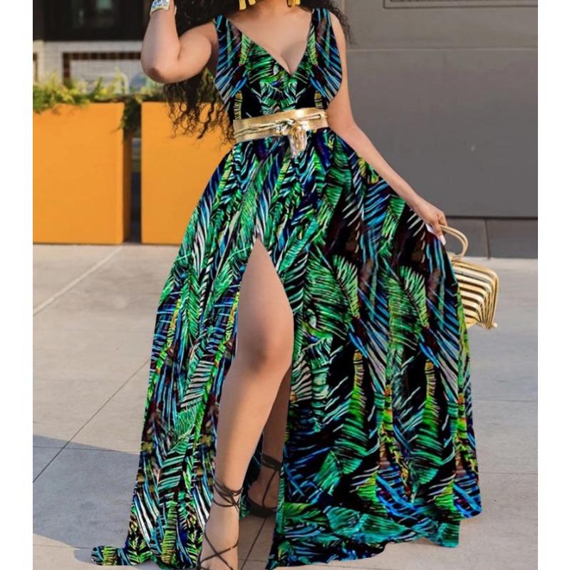 Printed Waisted Midi Temperament Commuter Long Dress Sexy Split Dresses with Another Belt